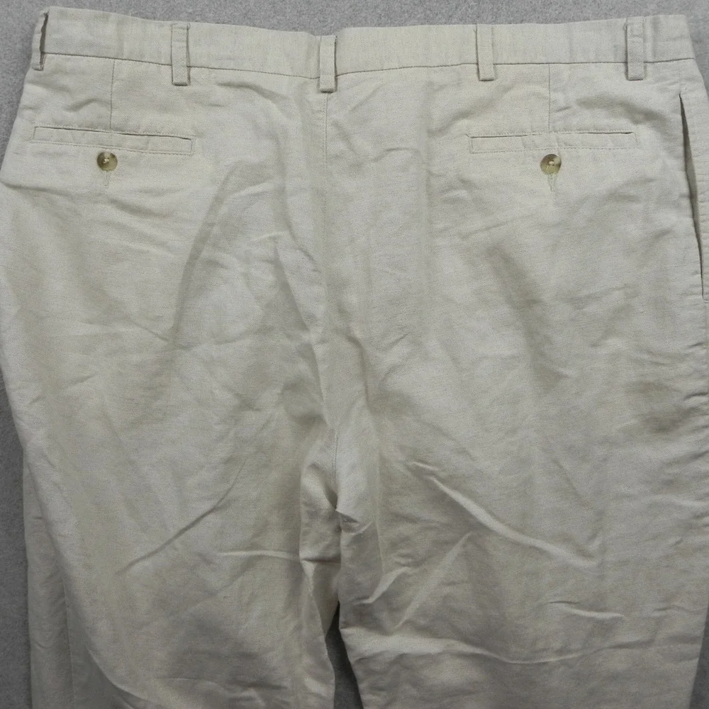 Roundtree & Yorke Pants Mens 44x30 Relaxed Fit Linen Cotton Pleated Cuffed Beige